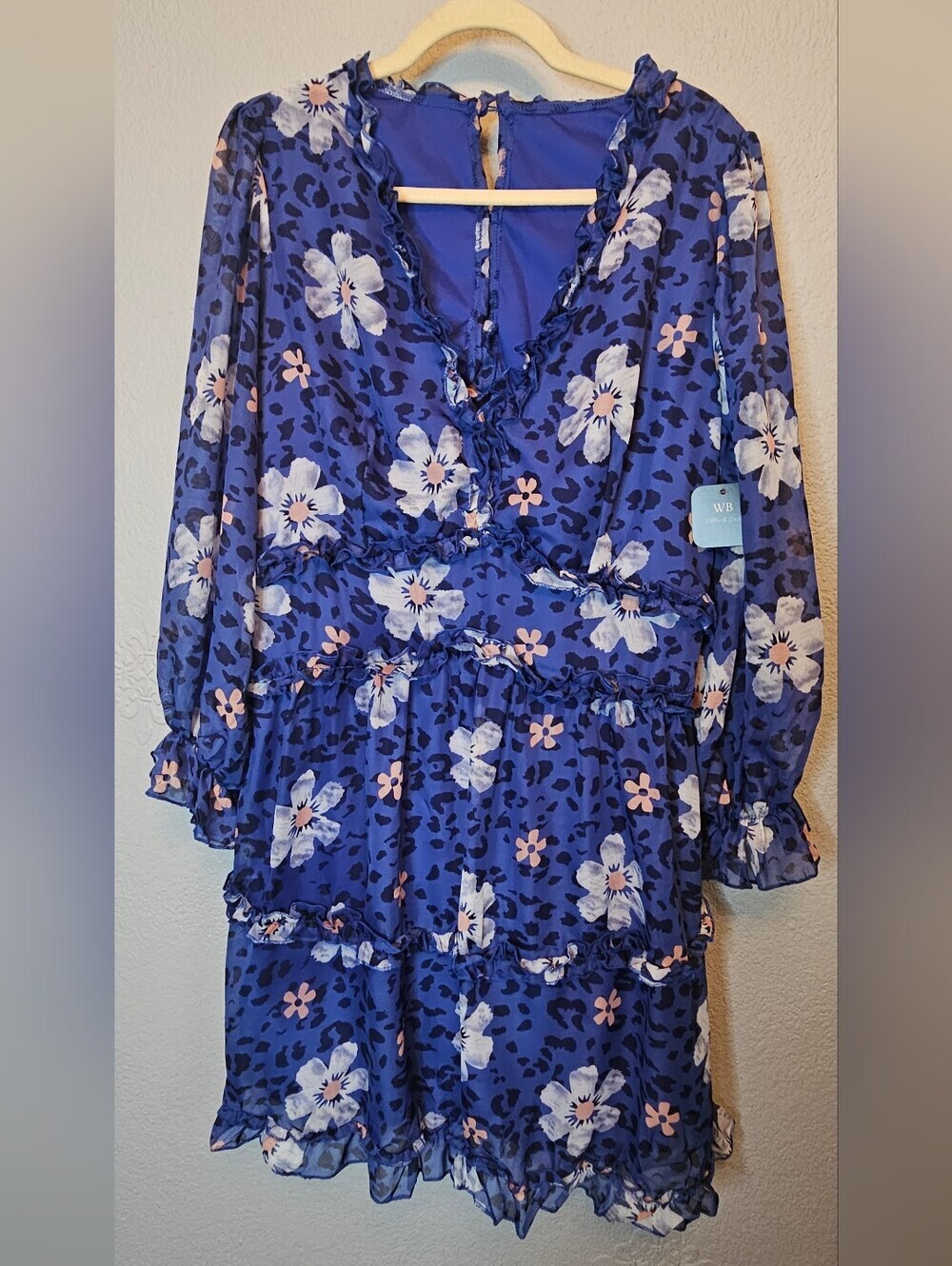 NWT XL Blue Floral Leopard Ruffle Tiered Open Back Dress - Picture 2 of 10